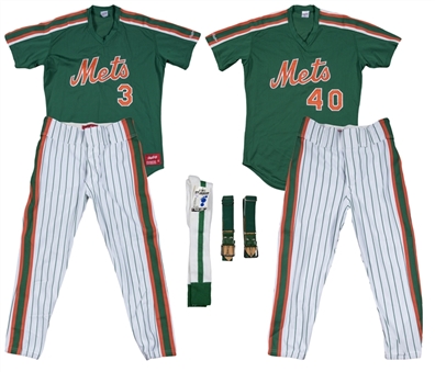 Lot of (2) New York Mets Spring Training Used St. Patricks -Day Uniforms Including Signed Bud Harrelson Jersey (JSA)